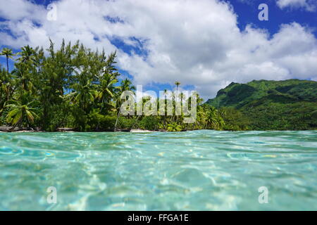 Tropische Küste mit grüner Vegetation gesehen von der Wasseroberfläche in der Lagune von Huahine Insel, Pazifik, Französisch-Polynesien Stockfoto