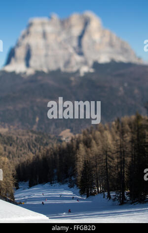 Tilt Shift Blick auf Skifahrer eine Skipiste im Bereich Zoldo im Skigebiet Civetta mit Monte Pelmo im Hintergrund absteigend Stockfoto