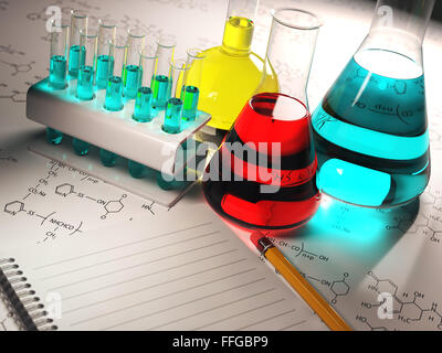 Wissenschaft-Chemie-Konzept. Reagenzgläser für Labor und Fläschchen mit farbigen Flüssigkeiten. 3D Stockfoto