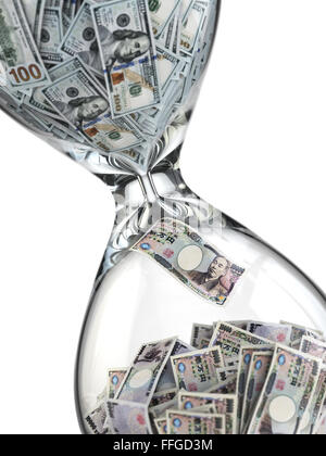 Yen-Dollar Börse Konzept. Sandlass und Banknoten. 3D Stockfoto