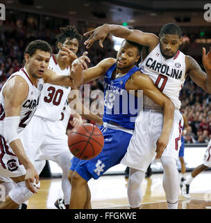 Columbia, South Carolina, USA. 13. Februar 2016. Kentucky Wildcats bewachen Jesaja BRISCOE (13) Schlachten mit South Carolina Gamecocks Spieler MICHAEL CARRERA (24), CHRIS SILVA (30) und SINDARIUS THORNWELL (0) für eine lockere Kugel in der zweiten Hälfte der NCAA Men es College-Basketball-Aktion im kolonialen Life Arena. UK gewann 89-62. Bildnachweis: Lexington Herald-Leader/ZUMA Draht/Alamy Live-Nachrichten Stockfoto