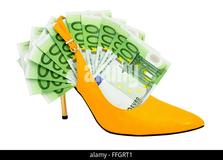 Damen Sommerschuhe mit Euro-Währung auf einem weißen Hintergrund isoliert Stockfoto