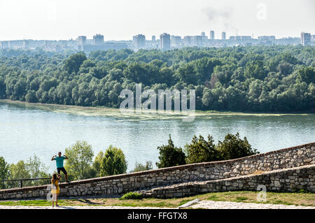 Luftbild vom oberen Stadt der Festung von Belgrad, Serbien mit Donau und großen Kriegsinsel Stockfoto