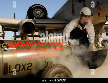 Wirbel um einen flüssigen Sauerstoff Wartung Warenkorb als Flieger Dampf 1. Klasse Zak Skelton bereitet sich auf eine a-10 Thunderbolt II 5. Februar 2012, bei Selfridge Air National Guard Base-service, Michigan Skelton ist ein Crewchef 127. Aircraft Maintenance Squadron, eine Komponente von der Michigan Air National Guard zugewiesen. Stockfoto