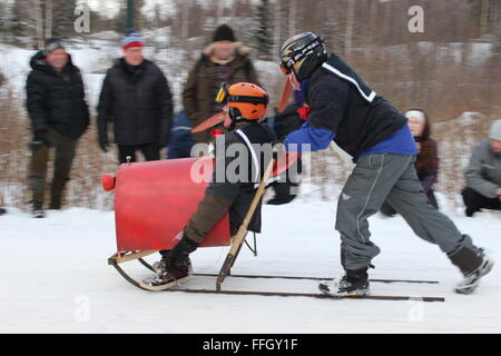 Stücken, Norwegen. 14. Februar 2016. Teilnehmer und Publikum bei der Tretschlitten World Championship in Stücken mit norwegischen Trachten. Silje Ekern/Alamy Live-Nachrichten Stockfoto