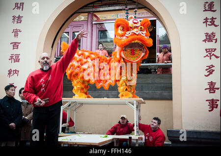 Amsterdam, Niederlande. 13. Februar 2016. Lion Tänzer zu besuchen, die Häuser und Geschäfte von der chinesischen Gemeinschaft den traditionellen Brauch der auszuführenden "cai Qing", eine Quest von dem "Löwen", das verheißungsvolle grün "Gemüse" wie Salat und verheißungsvolle Früchte wie Orangen pflücken gebunden an einen "roten Umschlag" mit Geld. Der Löwentanz wird geglaubt, um Glück und Wohlstand für das Unternehmen zu bringen. Die Truppe ist mit dem roten Umschlag belohnt. Bildnachweis: Romy Arroyo Fernandez/Alamy Live-Nachrichten. Stockfoto