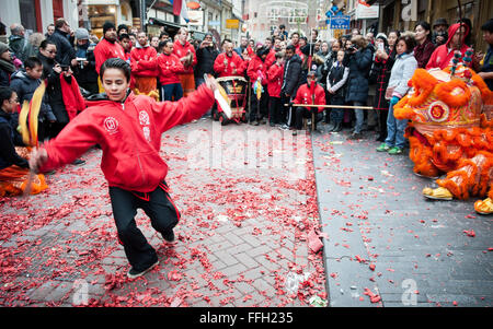 Amsterdam, Niederlande. 13. Februar 2016. Lion Tänzer zu besuchen, die Häuser und Geschäfte von der chinesischen Gemeinschaft den traditionellen Brauch der auszuführenden "cai Qing", eine Quest von dem "Löwen", das verheißungsvolle grün "Gemüse" wie Salat und verheißungsvolle Früchte wie Orangen pflücken gebunden an einen "roten Umschlag" mit Geld. Der Löwentanz wird geglaubt, um Glück und Wohlstand für das Unternehmen zu bringen. Die Truppe ist mit dem roten Umschlag belohnt. Bildnachweis: Romy Arroyo Fernandez/Alamy Live-Nachrichten. Stockfoto