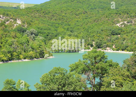 Blick auf Bergsee mit Allee von einer Sumpfzypresse Stockfoto