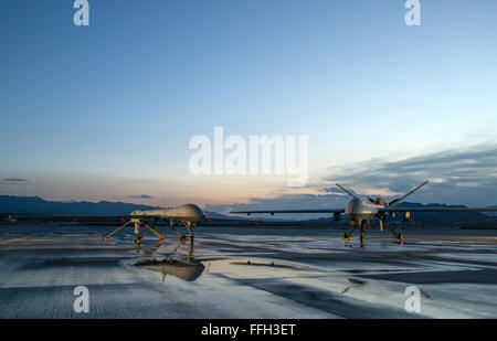 Ein MQ-1 Predator und ein MQ-9 Reaper, 432. Aircraft Maintenance Squadron zugewiesen bleiben bereit für ihre nächste Mission Creech Air Force Base, Nevada. Die beiden Flugzeuge haben Intelligenz, Überwachung und Aufklärung während der Operation Iraqi Freedom und Operation Enduring Freedom zur Verfügung gestellt. Stockfoto