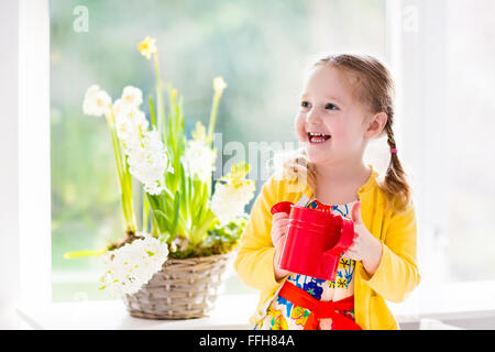 Niedliche Mädchen erste Frühlingsblumen gießen. Ostern-Wohngebäude und Dekoration. Kind kümmert sich um Pflanzen. Kind mit Wasser kann. Stockfoto