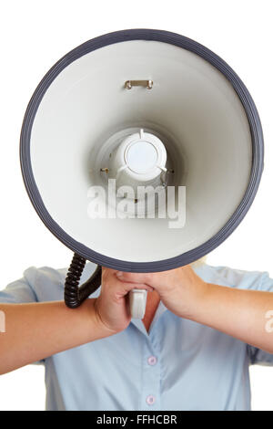 Unbekannte Unternehmer mit einem großen Megaphon Stockfoto