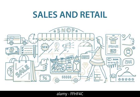 Doodle-Stil-Design-Konzept von Einzelhandel und shopping Stock Vektor