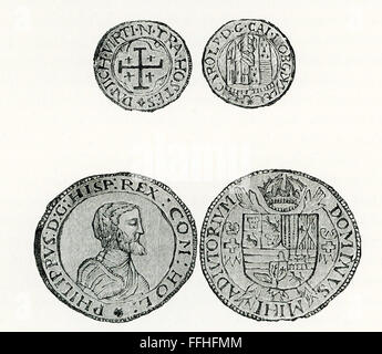 Hier sind Ende 1800 s Gravuren des spanischen Dublonen. Das Porträt hier ist Philip II von Spanien. Er regierte von 1556 bis 1598 Spanien und Portugal von 1581 bis 1598. Als der Ehemann von Königin Mary von England wurde er König von England und Irland 1544-1588. Philip war der Herrscher verantwortlich für die spanische Armada. Dublonen wurden monetäre gold Münzen in Spanien, Mexiko, Peru und Nueva Grande. Stockfoto