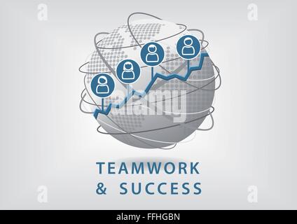 Teamarbeit führt zum Erfolg und Wachstum Geschäftskonzept. Vektor-Illustration der Welt mit Menschen Symbole Stock Vektor