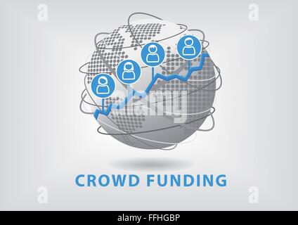 Crowd-funding Konzept führt zu wirtschaftlichem Erfolg und Wachstum. Vektor-Illustration des Globus mit Ikonen des Menschen Stock Vektor