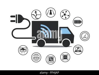 Elektro-Lkw-Symbol mit Netzstecker und verschiedene Symbole. Vektor-Illustration. Stock Vektor