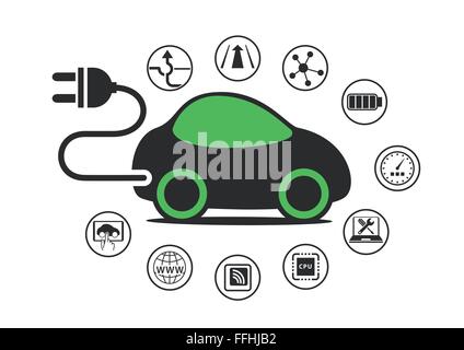 Elektroauto und Elektrofahrzeug-Konzept als Vektor-Illustration. Auto mit Kraft schließen Sie elektrische Aufladung aktivieren Stock Vektor