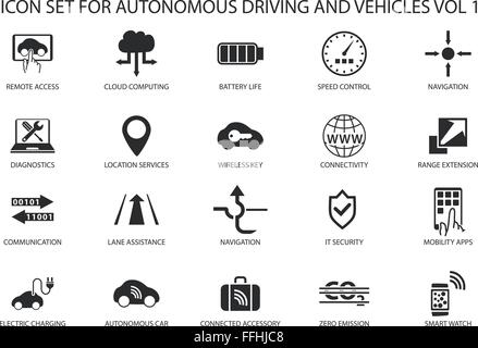 Selbstfahrer und autonome Fahrzeuge Vektor Icon-Set. Stock Vektor