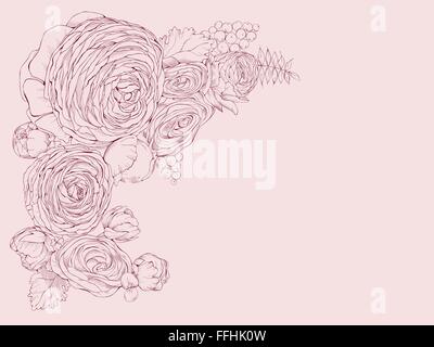 Rosa horizontale Grußkarte mit linearer Pfingstrosen Blumen Stock Vektor