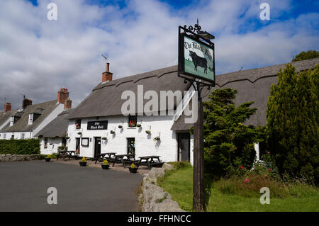 ETAL Schloss, Dorf und Black Bull, Norden der einzige reetgedeckten Pub in der Grafschaft Northumberland. Stockfoto