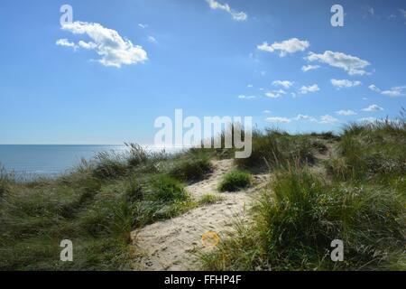 grasbewachsenen Sanddünen und eine glitzernde Meer in Camber Sands in Sussex, England, UK Stockfoto