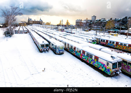 Wintertag ungenutzte alte Graffiti Züge auf stillgelegten Linie warten am Bahnhof Haydarpasa verwendet wird Stockfoto
