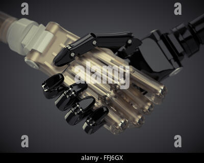 Handschlag von schwarzen und weißen Roboterhände mit flachen DoF und Vignettierung Stockfoto