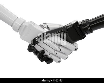 Handschlag von schwarzen und weißen Roboterhände isoliert auf weiss Stockfoto
