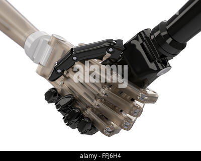 Handschlag von schwarzen und weißen Roboterhände isoliert auf weiss Stockfoto