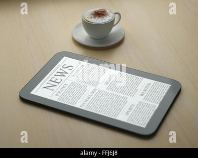 Tasse Kaffee und Tablet auf Holztisch Stockfoto