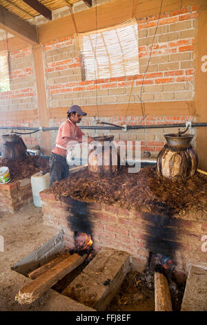 Santa Catarina Minas, Oaxaca, Mexiko - Mezcal Brennerei. Ein Arbeiter passt einen Tontopf auf einem noch. Stockfoto