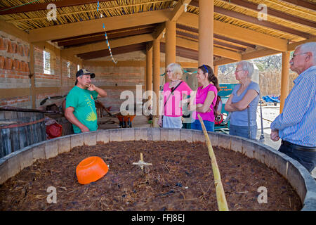 Santa Catarina Minas, Oaxaca, Mexiko - Felix Ángeles Arrellanos (links) erklärt Mezcal Produktion in seinen Mezcal-Destillerie. Stockfoto