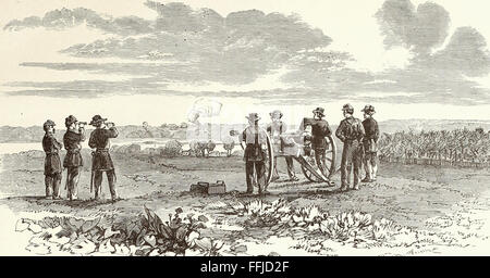 Beschuss eines Konföderierten Camp am Potomac durch Leutnant Tompkins der ersten Rhode Island Batterie. USA Bürgerkrieg Stockfoto