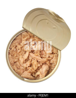 Geöffnete Dose Flocken Thunfisch isoliert auf weißem Hintergrund Stockfoto