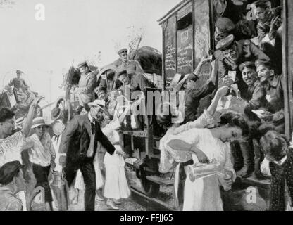 Ersten Weltkrieg (1914-1918). Frühe Krieg. Abschied von einem deutschen Militärzug, Leipzig, Deutschland. Kupferstich von La Esfera, 1914. Stockfoto