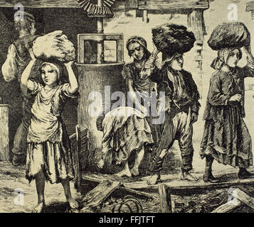 Kinder, die in einer Branche arbeiten. Anfang des 19. Jahrhunderts. Gravur. Stockfoto