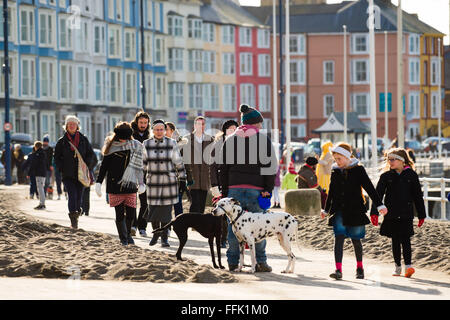 Aberystwyth, Wales, UK. 15. Februar 2016.  UK-Wetter: Massen von Menschen genießen täglich warme Winter angespült Sonnenschein zu Fuß entlang der Promenade in Aberystwyth, die zum Teil noch mit Sand und Kies bedeckt ist von den wilden Sturm Imogen genau vor einer Woche.   Viele Schulen haben ihre Halbzeit Ferien in dieser Woche genommen.   Bildnachweis: Keith Morris/Alamy Live-Nachrichten Stockfoto