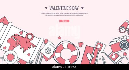 Vektor-Illustration. Flache Reisen Hintergrund mit Karte, Fotokamera, Papiere. Liebe, Herzen. Valentines Day. Mein Valentin sein. 14 Februar.  Nachricht. Stock Vektor
