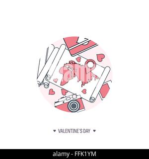 Vektor-Illustration. Flache Reisen Hintergrund mit Karte, Fotokamera, Papiere. Liebe, Herzen. Valentines Day. Mein Valentin sein. 14 Februar.  Nachricht. Stock Vektor