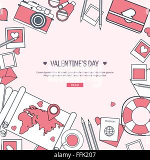 Vektor-Illustration. Flache Reisen Hintergrund mit Karte, Fotokamera, Papiere. Liebe, Herzen. Valentines Day. Mein Valentin sein. 14 Februar.  Nachricht. Stock Vektor