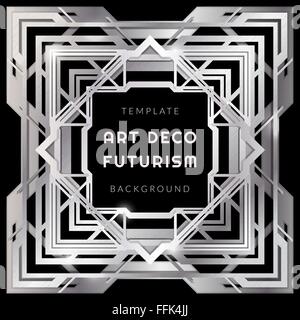 Vektor glänzend silberfarben Metall Retro-Art-deco-futuristische Dekoration isoliert schwarz Layouthintergrund Stock Vektor