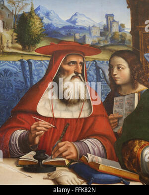 Vier Ärzte der Kirche mit Attribute der vier Evangelisten, ca 1516 vertreten. Von Francesco Sacchi (16. Jahrhundert). Stockfoto