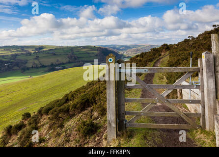 Offa es Dyke Wanderweg auf dem Panpunton Hill in Shropshire Nachschlagen der tem-Tal, nahe Knighton, Powys, Wales, UK Stockfoto