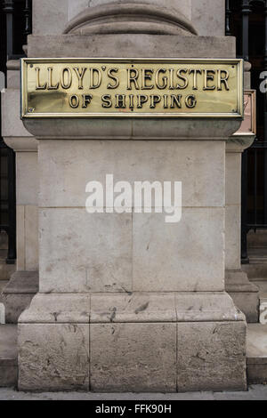 Messingplakette auf der Lloyd's Register of Shipping Gebäude 71, Fenchurch Street Street, London, UK. Stockfoto