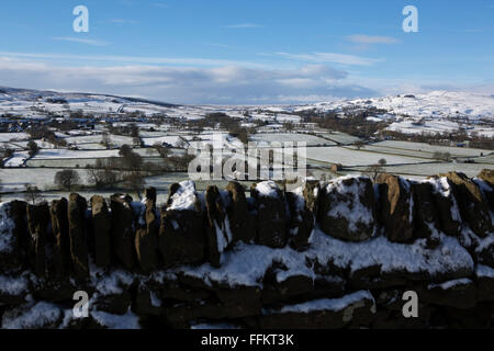 Landschaft im oberen Teesdale im County Durham, England. Eine Trockenmauer verläuft durch die winterliche Landschaft. Stockfoto