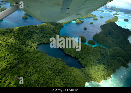 Luftaufnahme des Jellyfish Lake in Palau, Mikronesien, Ozeanien vom Flugzeug, das über Meer fliegt. Tropische Inseln im Pazifischen Ozean vom Himmel aus gesehen im Flugzeug Stockfoto