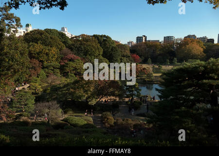 Rikugien Garten, Tokio, Japan. Stadtpark, Garten im Herbst-Saison, Herbst Laub auf den Bäumen. Japanische Kultur, Natur, Landschaft Stockfoto