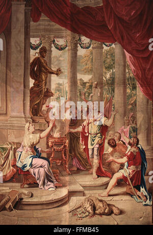 Timoleon, ca. 411 - nach 337 v. Chr., griechische Politikerin und Generalin, die orakel von Delphi, Wandteppich, nach Entwurf von Victor-Honore Janssens, Hersteller von Urban und Daniel Leyniers, Seide, Wolle, gestrickt, ca. 1732, 375 x 269 cm, Badisches Landesmuseum, Schloss Bruchsal, Stockfoto