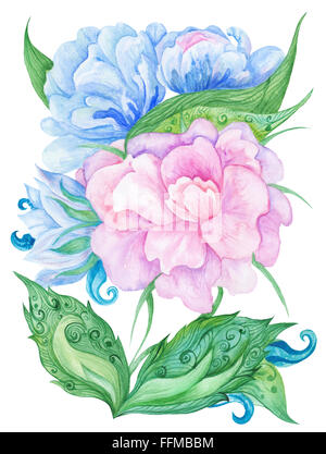 Botanische Illustration von Hand bemalt, mit schönen Blumen und dekorativen Blätter Stockfoto