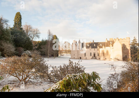 Trommel-Schloss im Schnee in Aberdeenshire, Schottland. Stockfoto